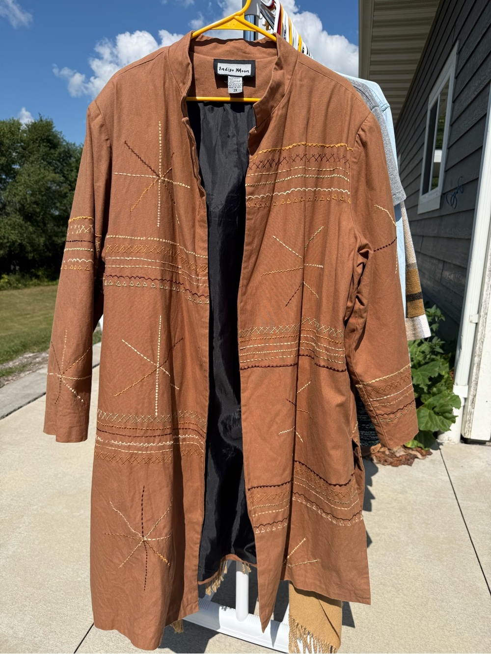 Indigo Moon Rust Embroidered Open Trench Coat